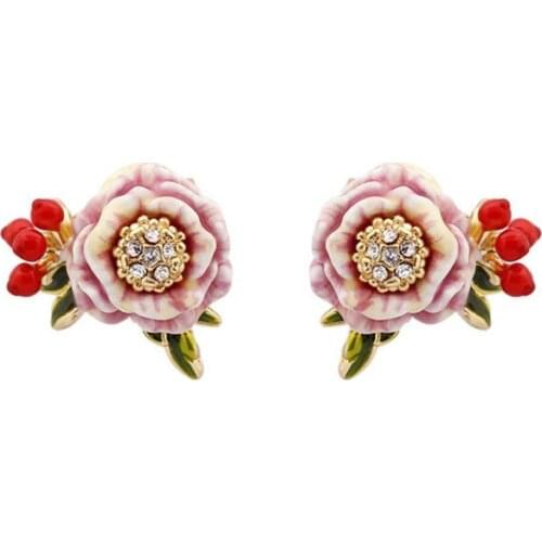Winter Monets Garden Series Pink Flower Red Fruit 925 Silver Needle Stud Earrings Pastoral Fashion Trend Non-pierced Ear Clips