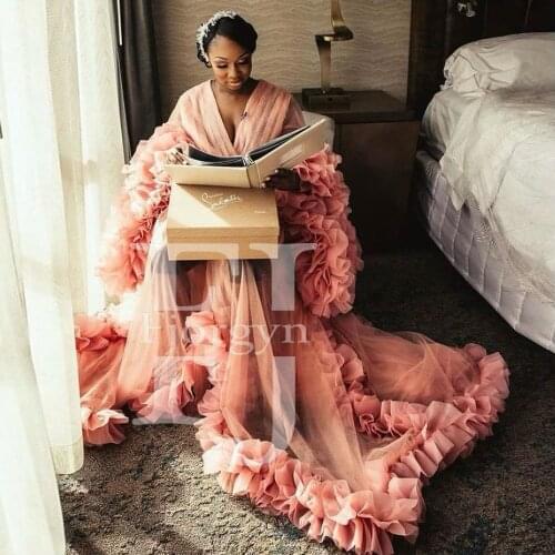 Chic Bridal Robes Pink Tulle Party Dresses Long Sheer Maternity Dress for Photography Evening Gowns Custom Made Sweet 16 Dresses