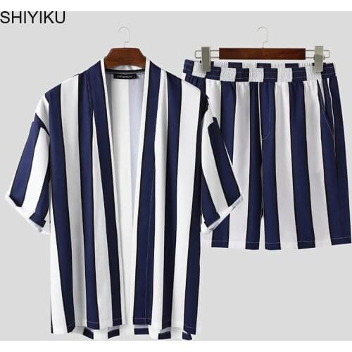 SHIYIKU Brand Striped Suit Street Casual Loose Cardigan Short Sleeve Shirt Fashion Shorts Beach Breathable Casual Mens Suit