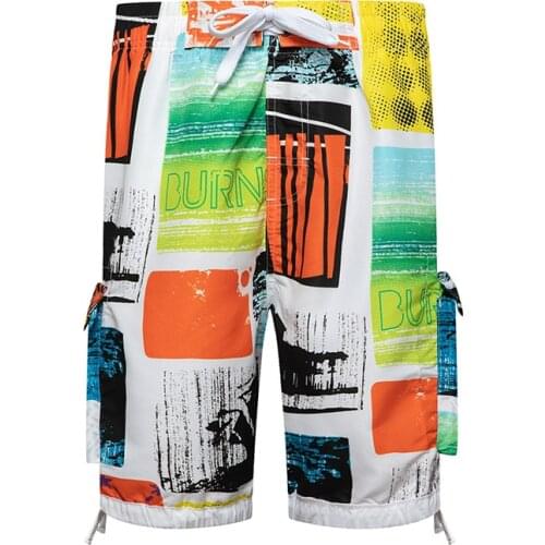 Men casual shorts beach pants mid-waist drawstring fashion hit color printing men shorts knee length pants men board shorts