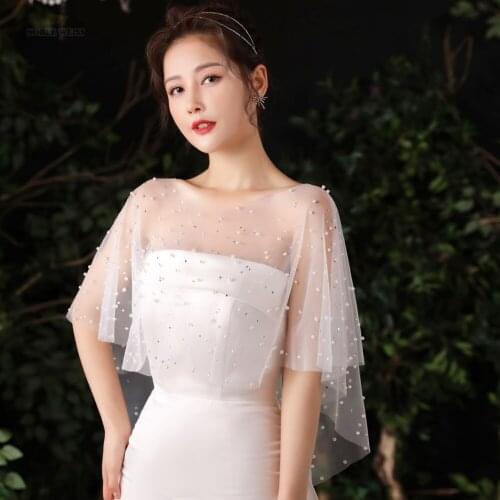 Beading Wedding Wrap Short Full Pearl Shrugs for Women Tulle Cape Diamond Bridal Cape Wedding Shawl