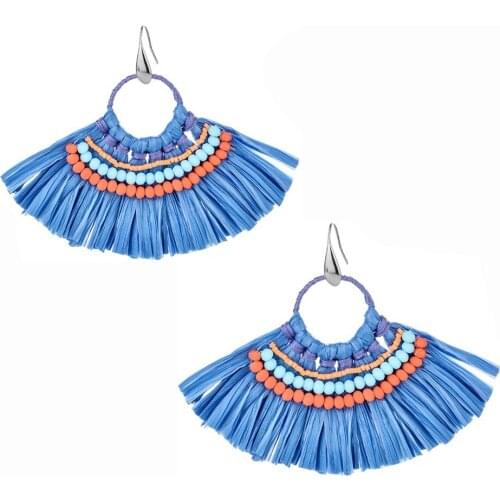 Handmade Fan Shape Beads Raffia Women Earrings Statement Stainless steel Jewelry Gift for Her