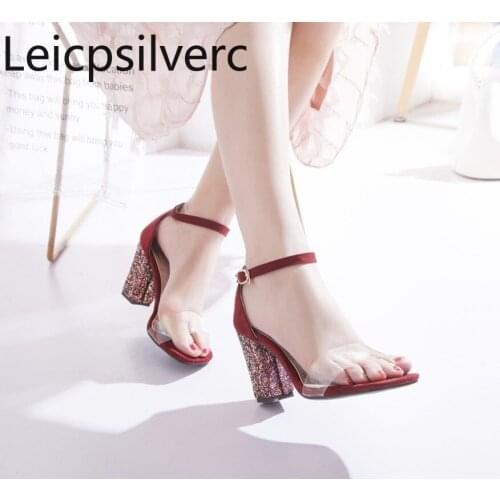 Womens Sandals summer new style fashion Sexy Thick heel High heel Buckle Womens sandals black red powder plus size 28-52