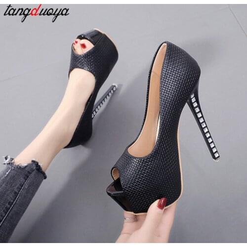Rhinestone heels women fashion Heel Concise Shallow Mouth shoes Peep Toe Thin High Heels shoes pumps Wedding Party shoes 14cm