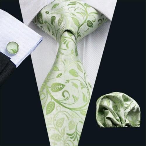 FA-1162 Gents Necktie Green Floral 100% Silk Jacquard Tie Hanky Cufflinks Set Business Wedding Party Ties For Men Free Shipping