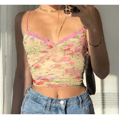 E-Girl 90s Flowers Spaghetti Strap Lace Trim Mesh Camis Top Vintage Skinny V-neck Summer Backless Floral Crop Tops Sweet