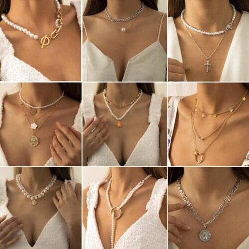 Fashion Pearl Choker Necklace Women Gold Color Double Layer Chain Virgin Mary Coin Pendant Necklaces Jewelry Collar