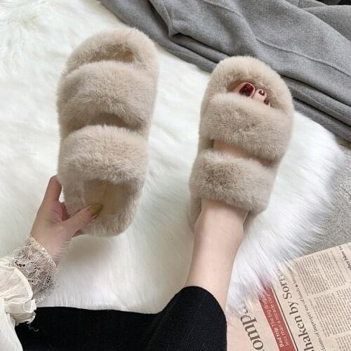 Winter Women House Furry Slippers Fashion Faux Fur Warm Shoes Women Slip on Flats Female Home Slides Black Cute Slippers 2020