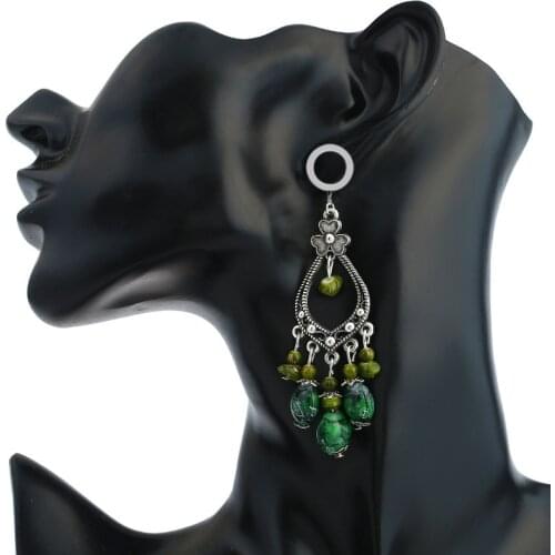 1Pair Retro Green 316L Stones Stainless Steel Ear Tunnel Plugs Ear Gauges Flesh Ear Reamer Piercing Dangle Expander 4-25mm