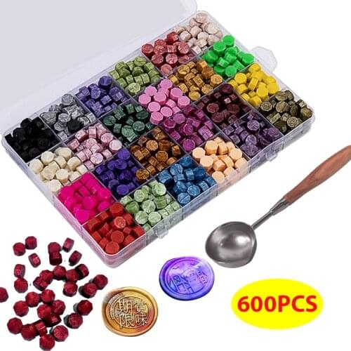 600pcs Sealing Wax beads Granular Grain Wax 24 Colors seal wax tablet Box Set 1 spoon and 3 candles