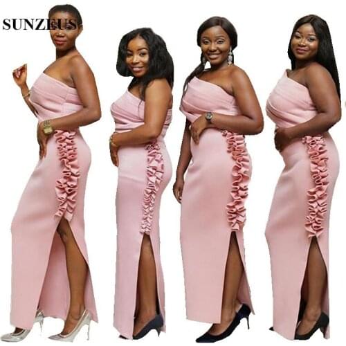 African Women Bridesmaids Dresses One Shoulder Pink Long Wedding Party Gowns With Ruffles Side Slit Formal Dress