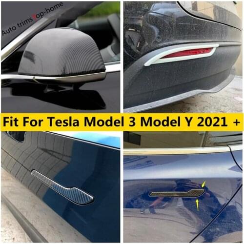 Car Door Handle Rear Fog Light Lamp Rearview Mirror Decor Cover Kit Trim Carbon Fiber Accessories For Tesla Model 3 Model Y 2021