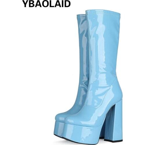 New Style Round Toe Patent Leather Thick Heel Waterproof Platform Side Zipper High-tube Fashion Boots for Autumn and Winter