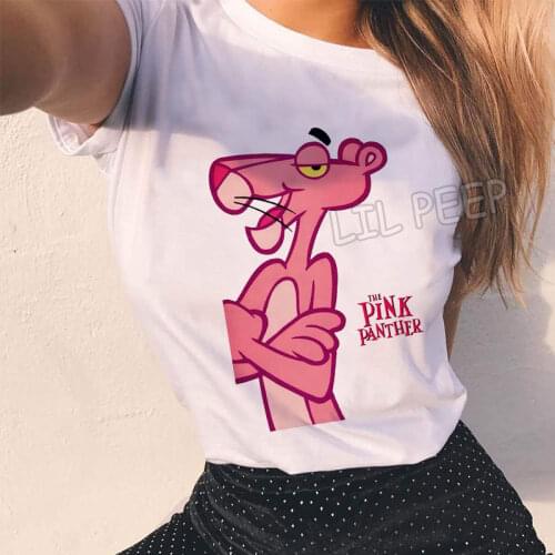 Women Clothes Pink Panther Print T Shirt Cotton Japanese Summer Comfortable White Tshirt O-Neck Aesthetic Short Sleeves Clothes