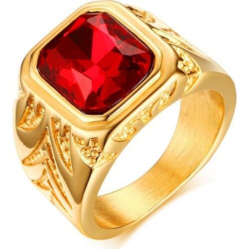 Square Red gemstones zircon diamonds rings for men 18K gold color titanium stainless steel luxury jewelry bijoux bague accessory