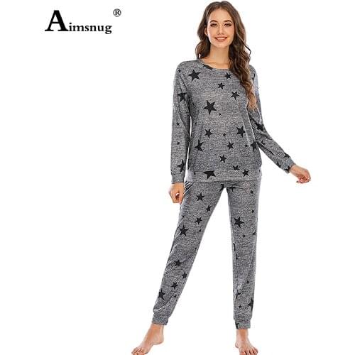 Aimsnug Star Print Women Sets Fitted Shirt Top And Long Pants Set Long Sleeve Home Sets Lace-up Two Piece Outfits Woman Clothing