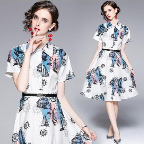 Summer Womens New Aristocratic Temperament Lapel Short Sleeve Retro Print A- line Slim-Fit White Dress