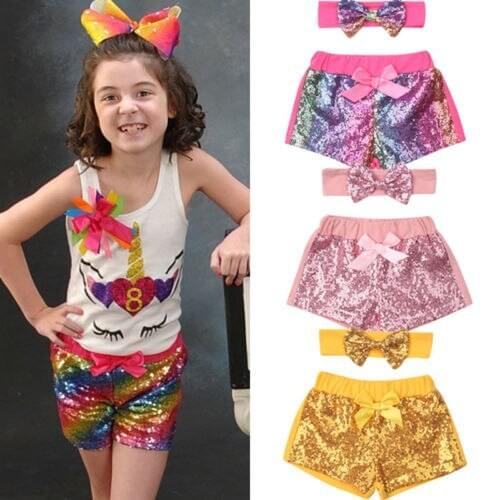 Cute Newborn Kid Baby Girl Summer Bowknot Sparkle Party Shorts Sequin Pants 2PCS Size 0-3Y