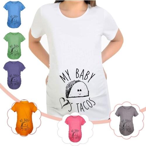 Summer Funny Cartoon Print Maternity Plus Size Clothing Round Neck Short Sleeve Solid Color Printing Cute Maternity Blouse