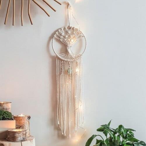 Handmade Woven Macrame Round Dream Catcher with Green Stone Bohemian Mandala Tassels Wall Hanging Tapestry Home Decor 16FC