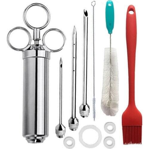 Stainless Steel Turkey Food Flavor Grill Smoker Barbecue BBQ Meat Syringe Marinade Injector Tools with Needles Cleaning Brushes