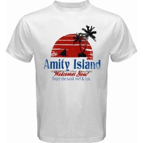 New Amity Island JAWS Movie Shark Mens White T-Shirt Size S M L XL 2XL 3XL