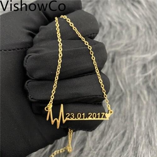 VishowCo Custom Birthday Date Necklace Personalized Stainless Steel Custom Wedding Anniversary Necklace Gold Choker Mother Gift