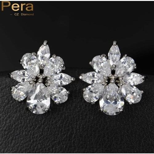 Pera Hot Selling Big Flower Cubic Zirconia Stone Pave Setting Silver Color Stud Earring Jewelry For Women Party Accessoires E094