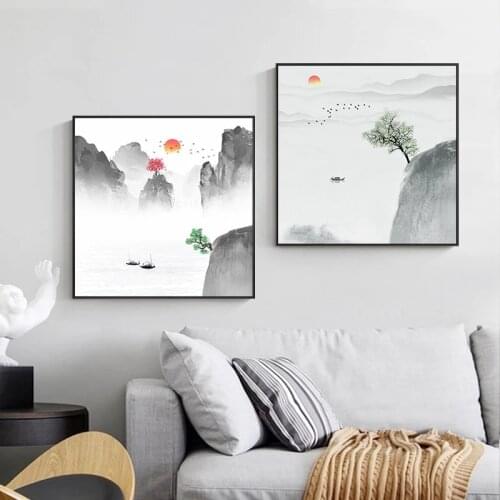 Chinese Style Landscape Canvas Painting Wall Art Posters and Prints Decorative Lake Mountain Sun Bird Pictures for Living Room