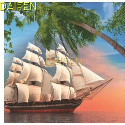 Full Round Diamond painting Full Square Diamond embroidery Cross stitch white sailboat Coconut tree sea DIY 3D Diamond mosaic