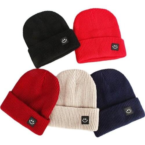 Autumn and Winter Knitting Warm Embroidered Smiling Face Pattern Childrens Hats Wholesale