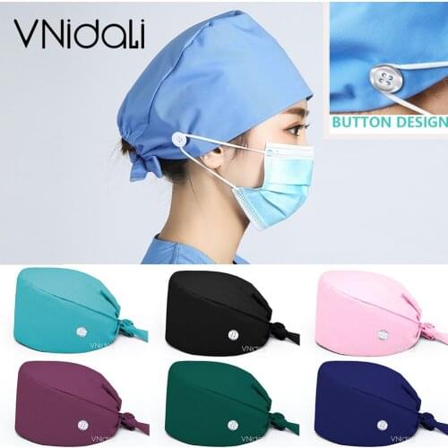 Solid color scrub cap with button pet grooming working Caps surgical cap Lab work hat womens Scrub hats nurse accessories