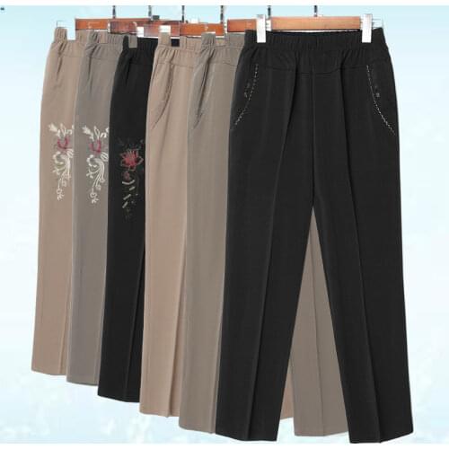 Moms Pants Summer Thin Casual Embroidery Trousers Middle Aged Womens Loose Elastic High Waist Pants Pantalon Femme