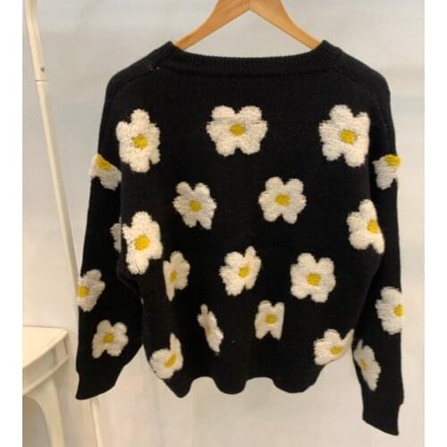 2021 Women Autumn Winter Poached Egg Knitted Sweater Coat Jacket Round Collar Loose Pullover Jumpers Sweet Knitting Tops