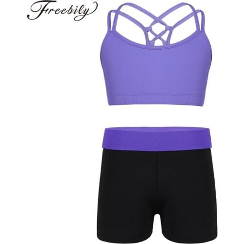 Kids Girls Sports Suit Spaghetti Straps Criss Cross Back Bra Tops Crop Top With Shorts Children Gym Workout Fitness Sports Sets