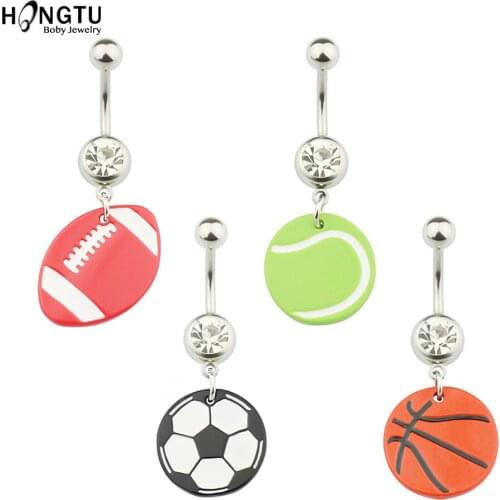 HONGTU 1PC Dangling Ball Sporty Navel Belly Button Rings Belly Piercing Crystal Surgical Steel 14g Woman Body Jewelry Barbell
