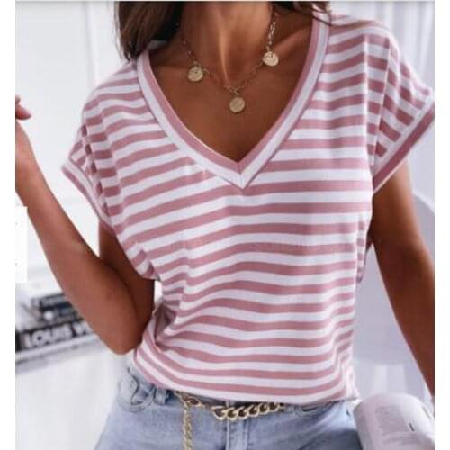 Summer V-neck Striped Women T-shirt Stitching Short-sleeved Casual T-shirt Ladies Top