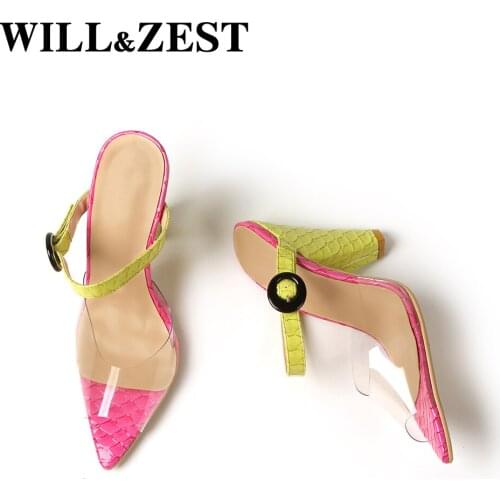 WILL&ZEST Sandals Women High Heels Snake Print Slippers Clear Jelly Plus Size Peep Toe Pink Rainbow Iridescent Slides Neon Shoes