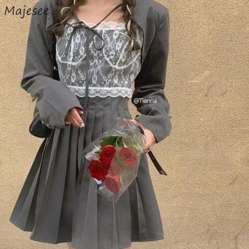 Sets Women White Lace Camisole Pleated Dress Blazer Summer Three Pieces BF All-match Harajuku Above Knee Casual Students Female