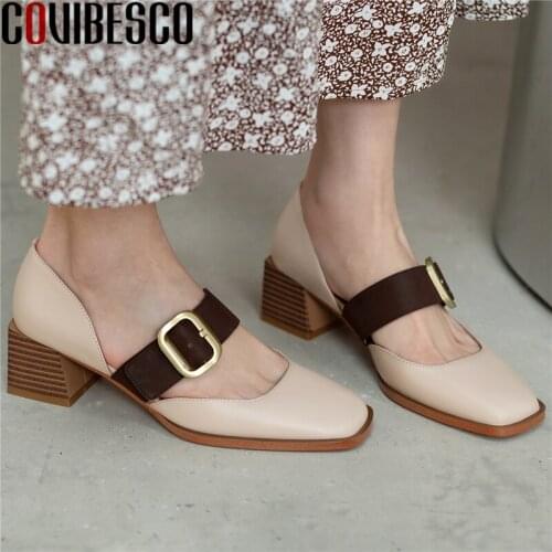 COVIBESCO Retro Concise Women Pumps Thick Heels Spring Summer Metal Buckle Genuine Leather Square Toe New Casual Shoes Woman