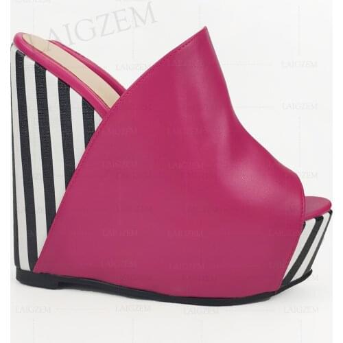 LAIGZEM Women Sandals Platform Wedges Stripe Mules Party High Heels Sandalias Sumer Sapato Pumps Height Increase Size 43 44 52