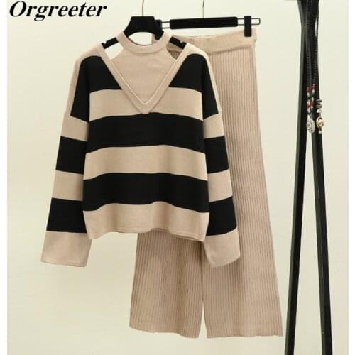 Autumn Winter Striped Sweatersuit Women Halter Hollow Long Sleeve Sweater + Wide leg Pants Two piece set Casual Outfits Female