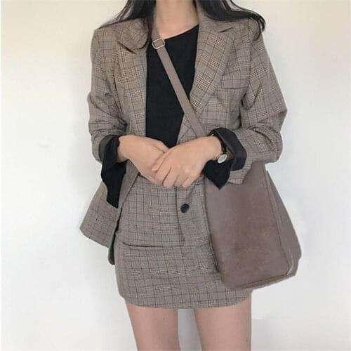 Hot Selling new 2019 Retro fashion lattice stripes long suit jacket half skirt suit ladies casual suit + skirt two piece set A