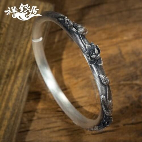 Female Sterling Silver 999 foot silver national style fashion personality retro lotus solid mother Silver Bracelet