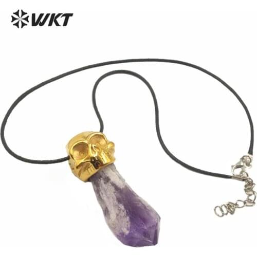 WT-N1213 Vintage gold electroplated skull with ameth yst stone Necklace raw stone necklace spirit point Necklace