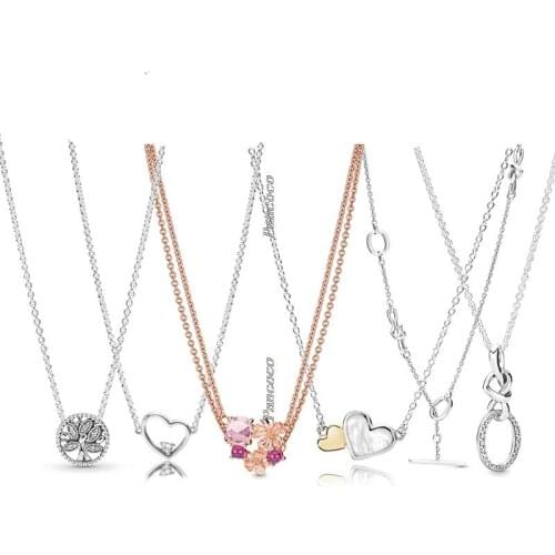 925 Sterling Silver Knotted Heart With Crystal Adjust Sliding Necklace For Women Wedding Party Pandora Jewelry