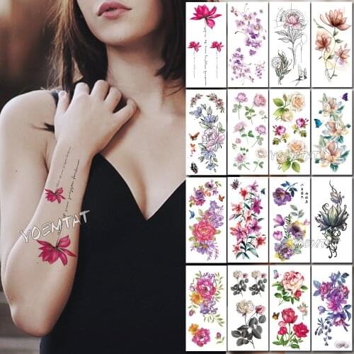 1 piece Dark pink simple line text Fake temporary tattoo stickers rose flowers arm shoulder tatoo waterproof women flash tatto