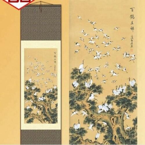 1pc Traditional silk art Home Decoration Chinese Silk Scroll Painting Crane Ink Painting S038