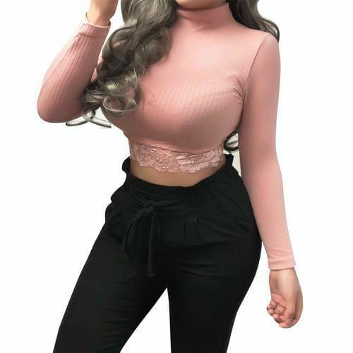 2020 Newest Hot Lace Floral Sexy Short T Shirts Long Sleeve Crop Tops T Shirts Women Turtleneck Sheath Underwear Clubwear