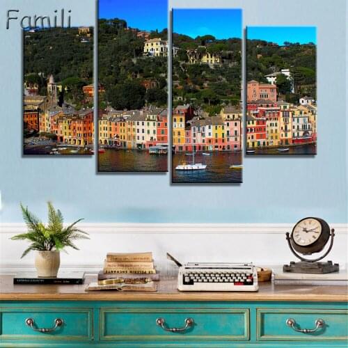 4 Pieces Modern Canvas Painting Wall Art Traditional Port Mediterranean Sea Cinque Terre Italy Coast Landscape Print On Canvas